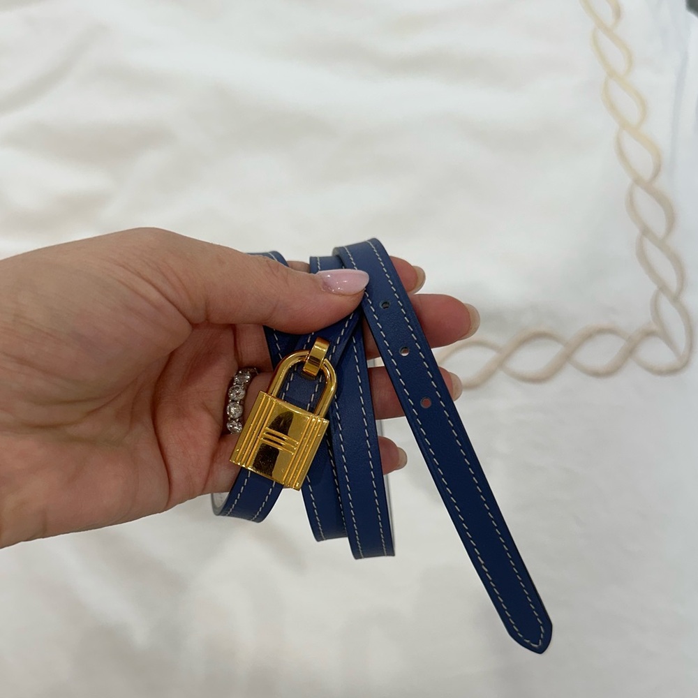 Hermes Blue White Reversible Thin Belt with Gold Lock Accent 80